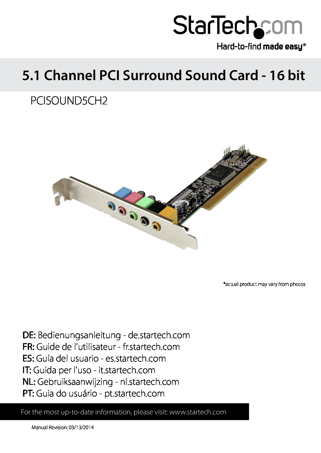 StarTech.com PCISOUND5CH2 manual Channel PCI Surround Sound Card - 16 bit, DE Bedienungsanleitung - de.startech.com 