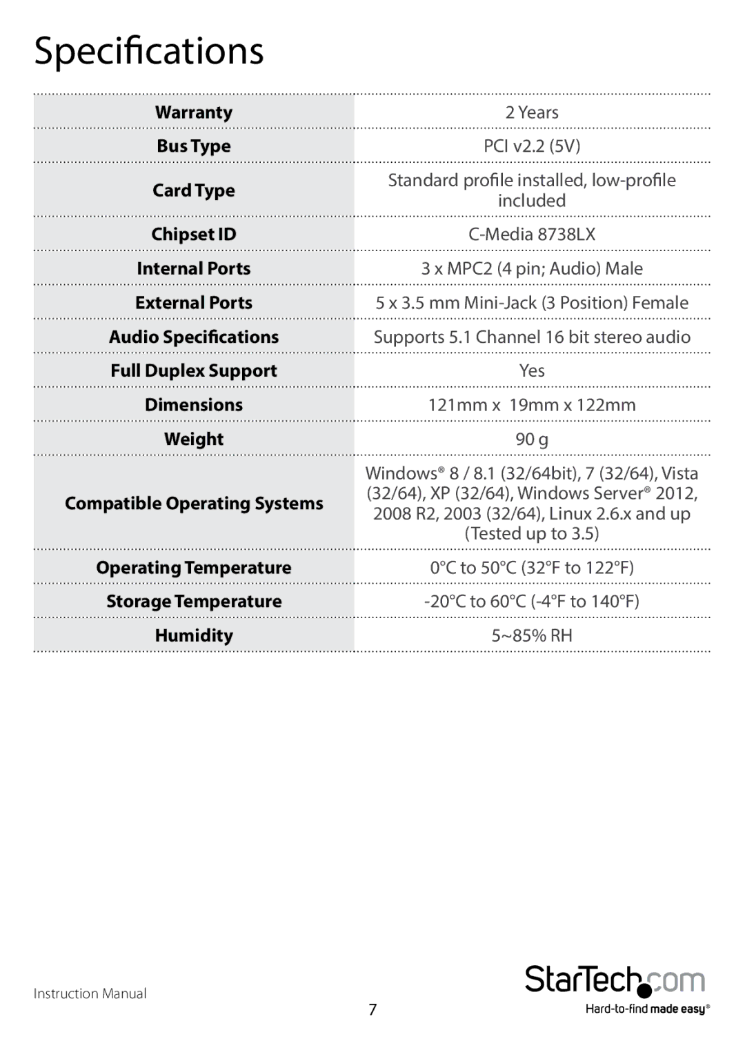 StarTech.com PCISOUND5CH2 manual Specifications, Warranty 