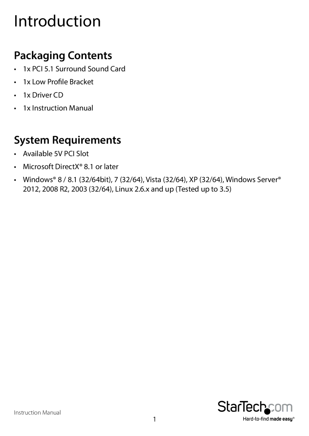 StarTech.com PCISOUND5CH2 manual Introduction, Packaging Contents, System Requirements 