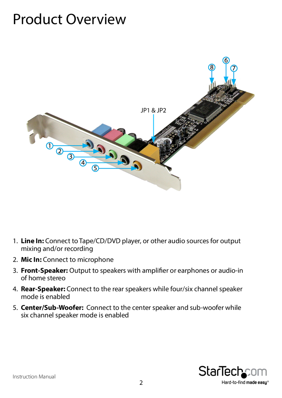 StarTech.com PCISOUND5CH2 manual Product Overview 