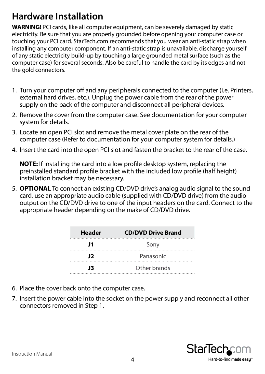 StarTech.com PCISOUND5CH2 manual Hardware Installation 