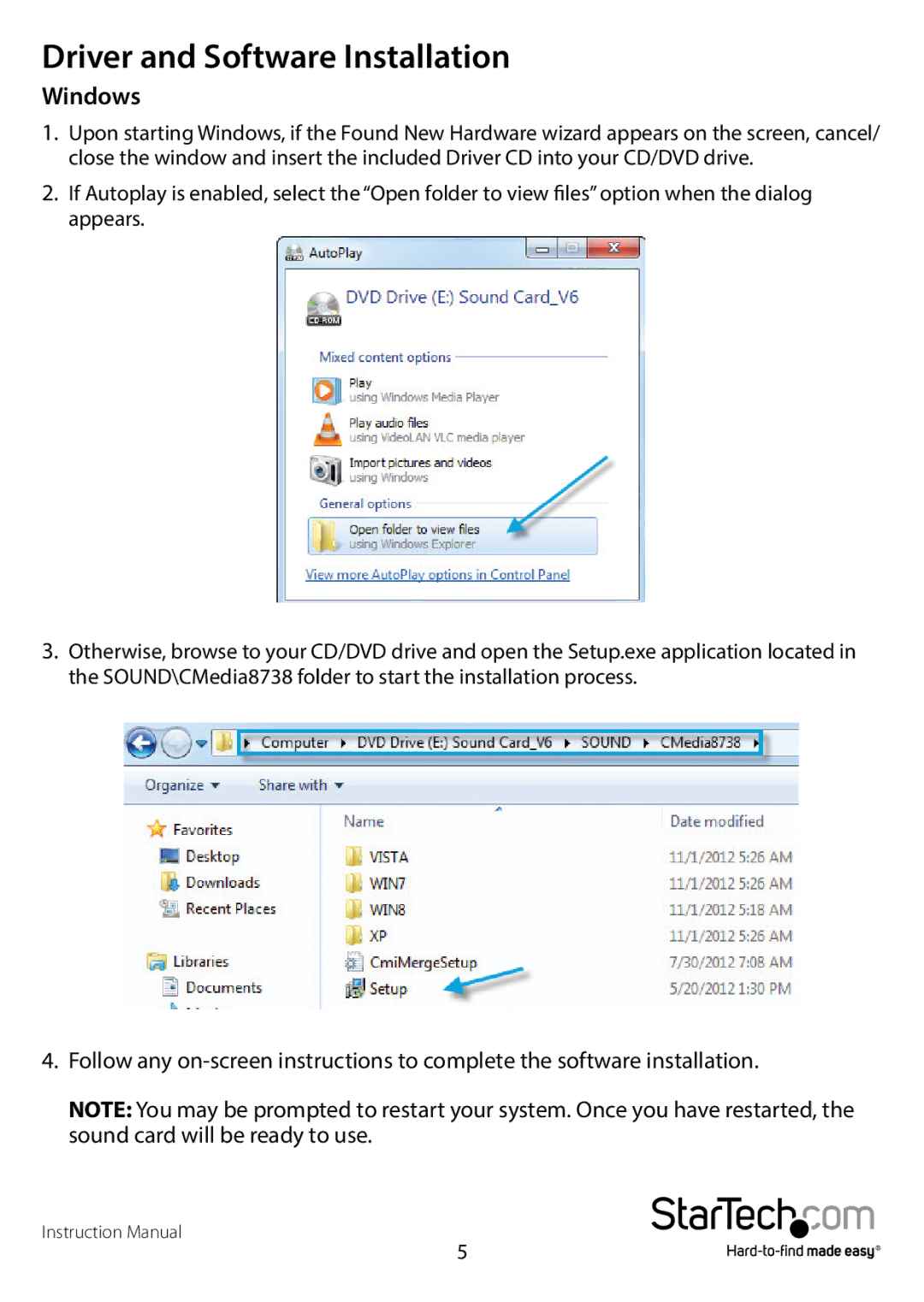 StarTech.com PCISOUND5CH2 manual Driver and Software Installation, Windows 