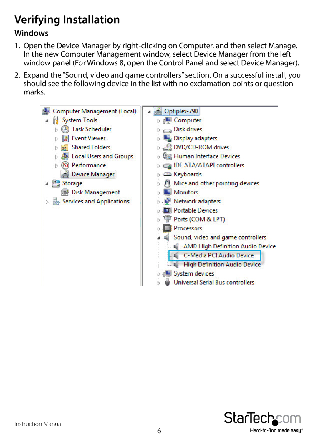 StarTech.com PCISOUND5CH2 manual Verifying Installation 