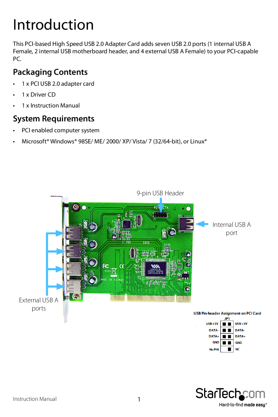 StarTech.com pciusb7 manual Introduction, Packaging Contents, System Requirements 