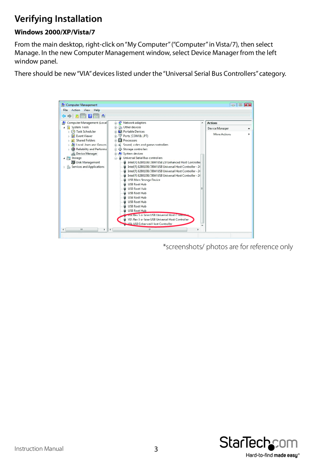 StarTech.com pciusb7 manual Verifying Installation, Windows 2000/XP/Vista/7 