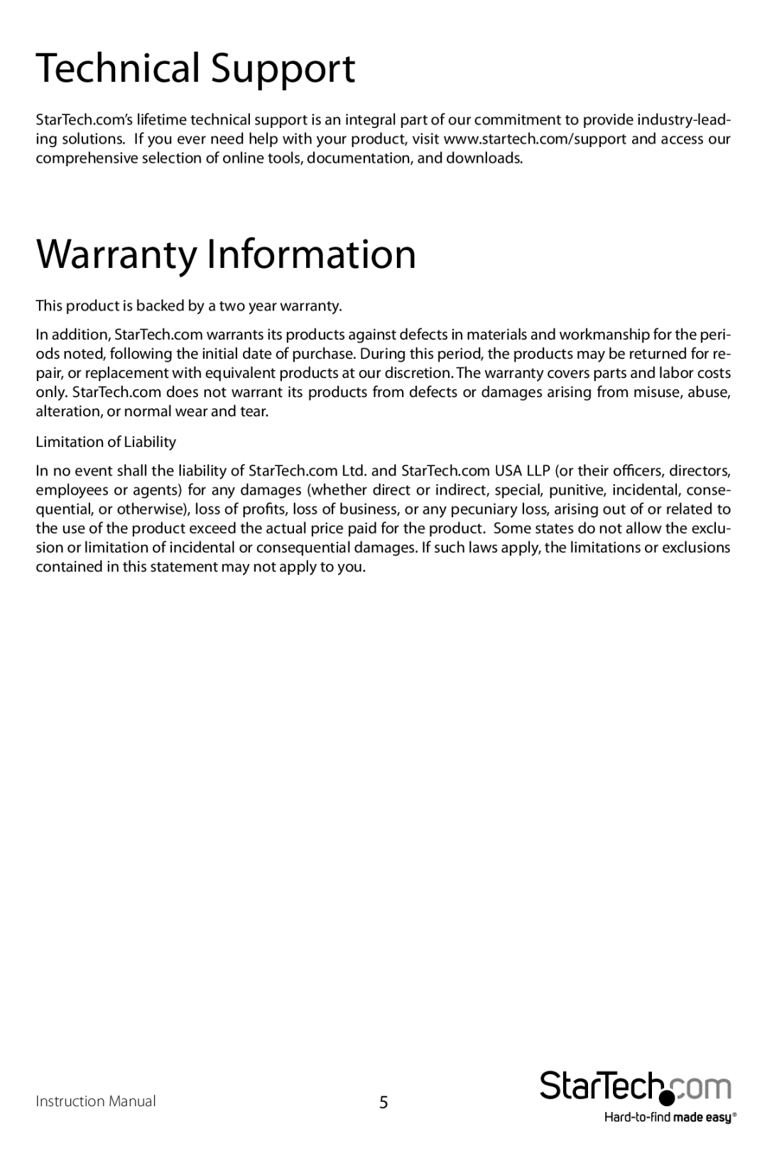 StarTech.com pciusb7 manual Technical Support, Warranty Information 