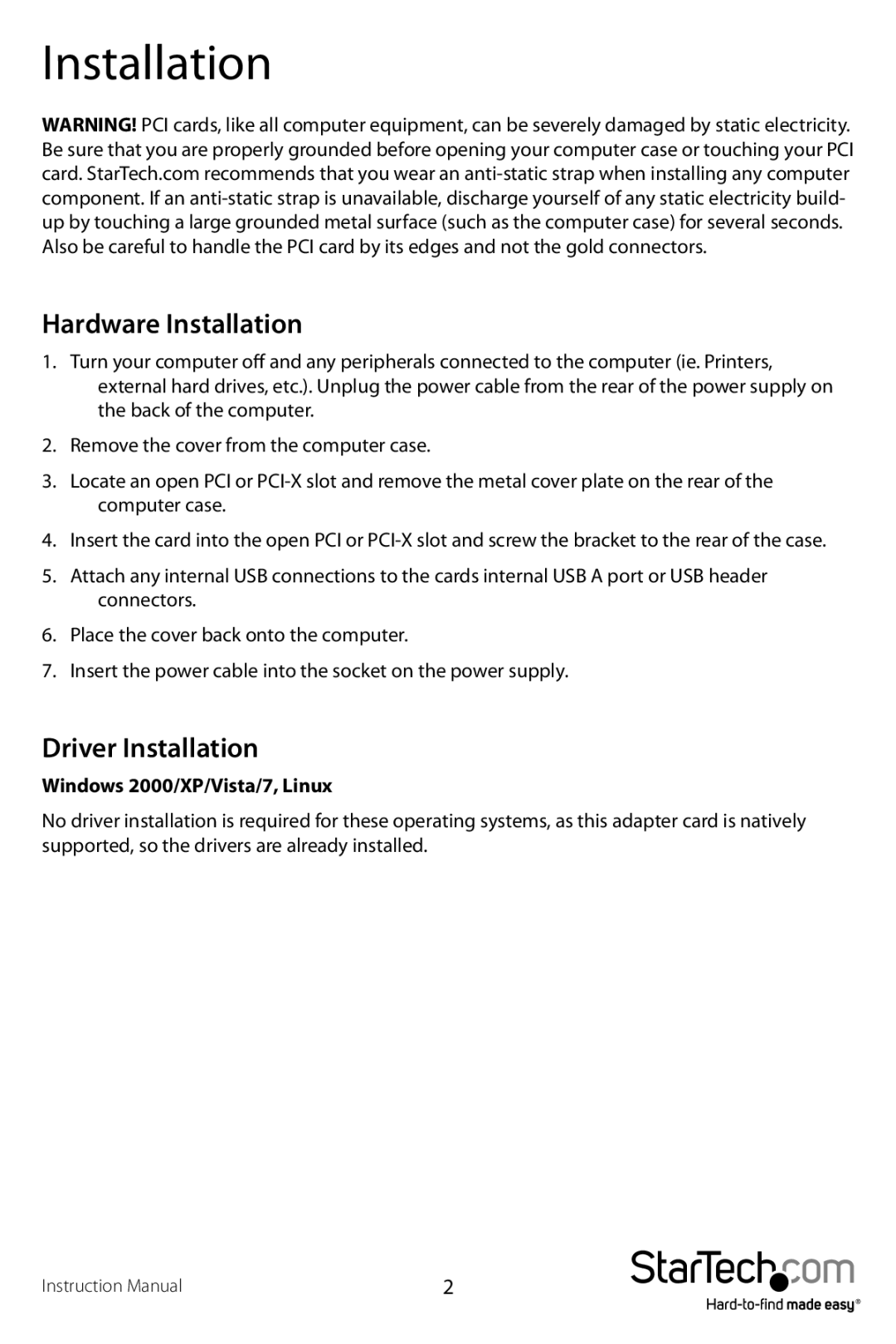 StarTech.com pciusb7 manual Hardware Installation, Driver Installation 