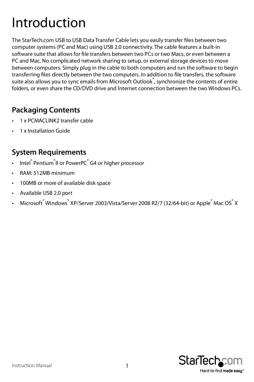 StarTech.com PCMACLINK2 manual Introduction, Packaging Contents, System Requirements 