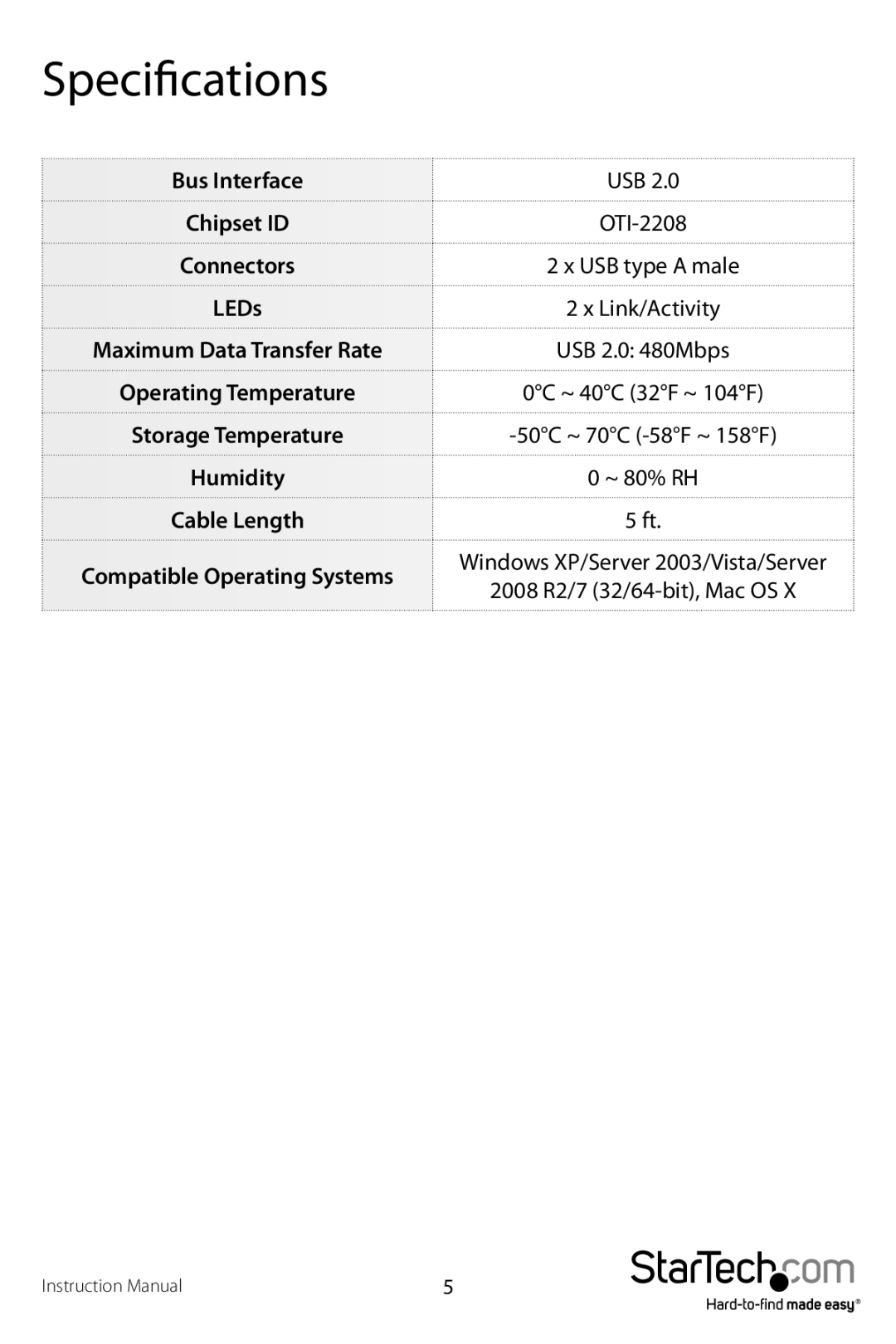 StarTech.com PCMACLINK2 manual Specifications 