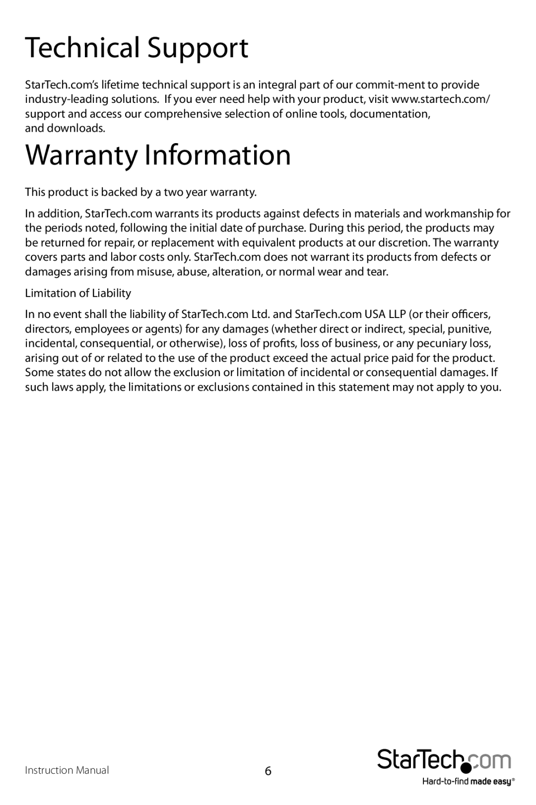 StarTech.com PCMACLINK2 manual Technical Support, Warranty Information 