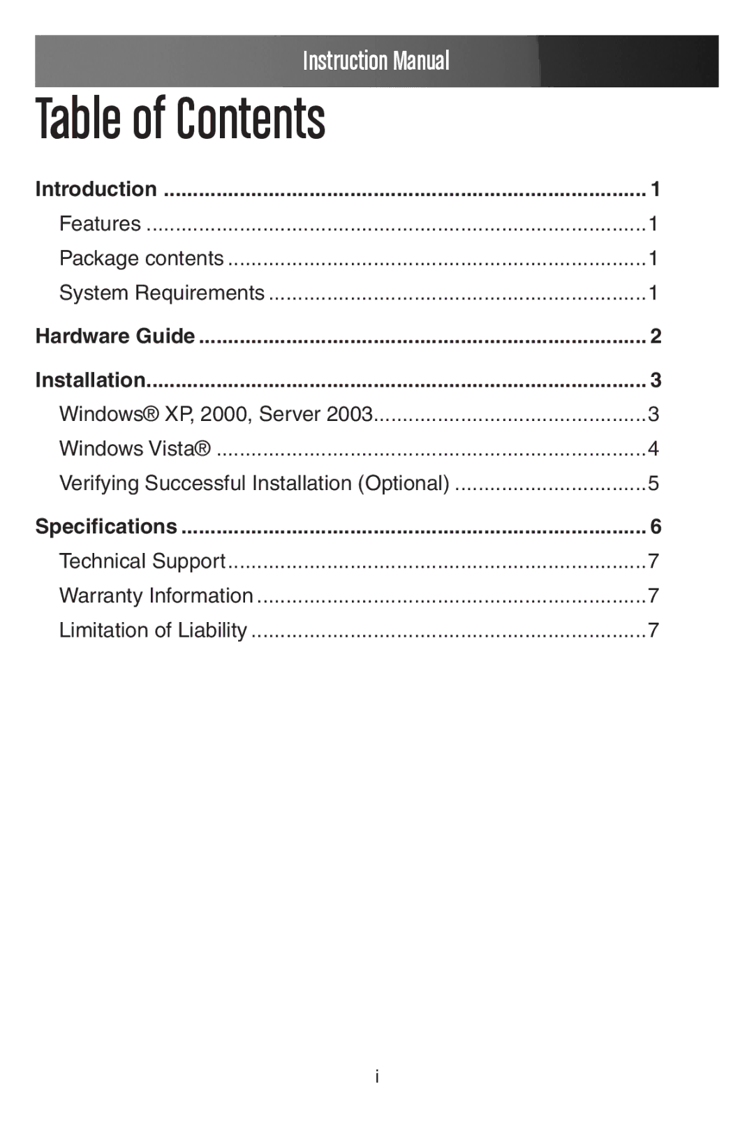 StarTech.com PEX100S manual Table of Contents 