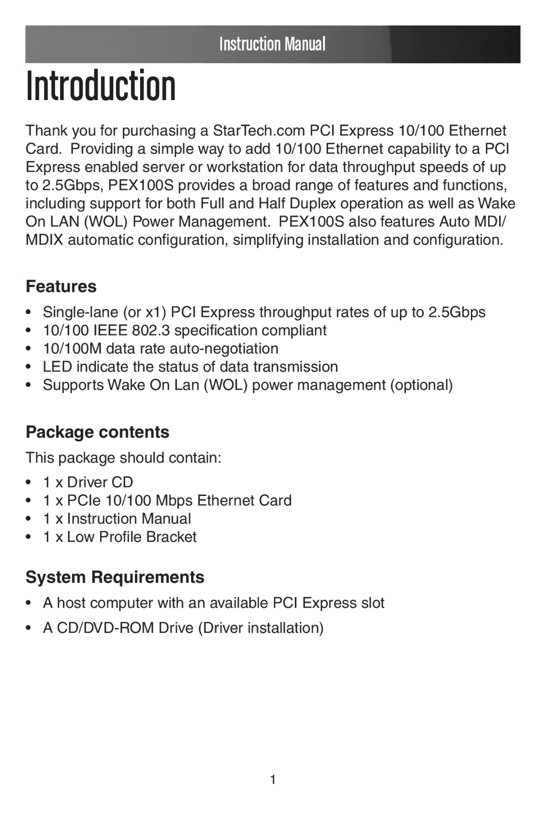 StarTech.com PEX100S manual Introduction, Features, Package contents, System Requirements 