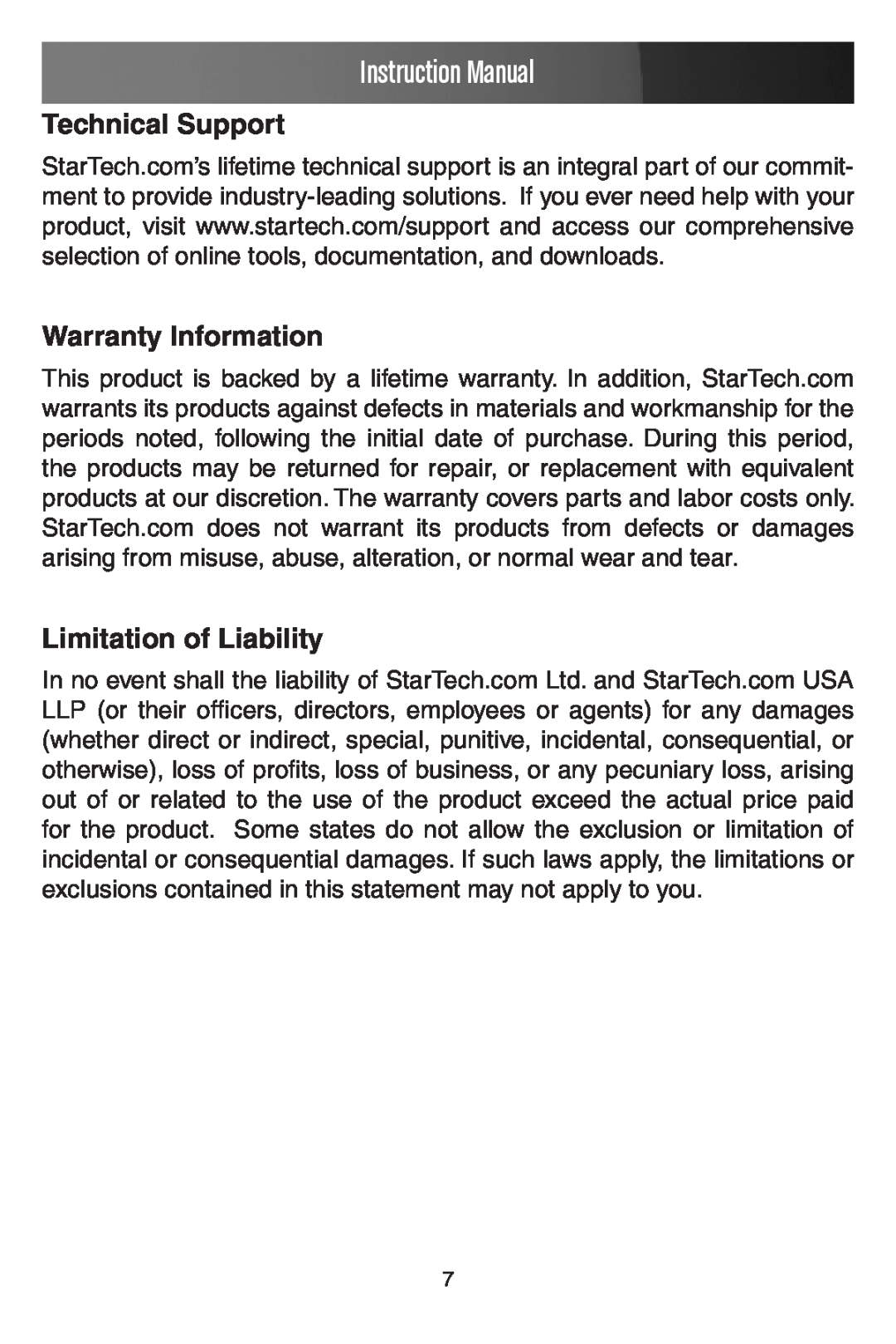StarTech.com PEX100S manual Technical Support, Warranty Information, Limitation of Liability, Instruction Manual 