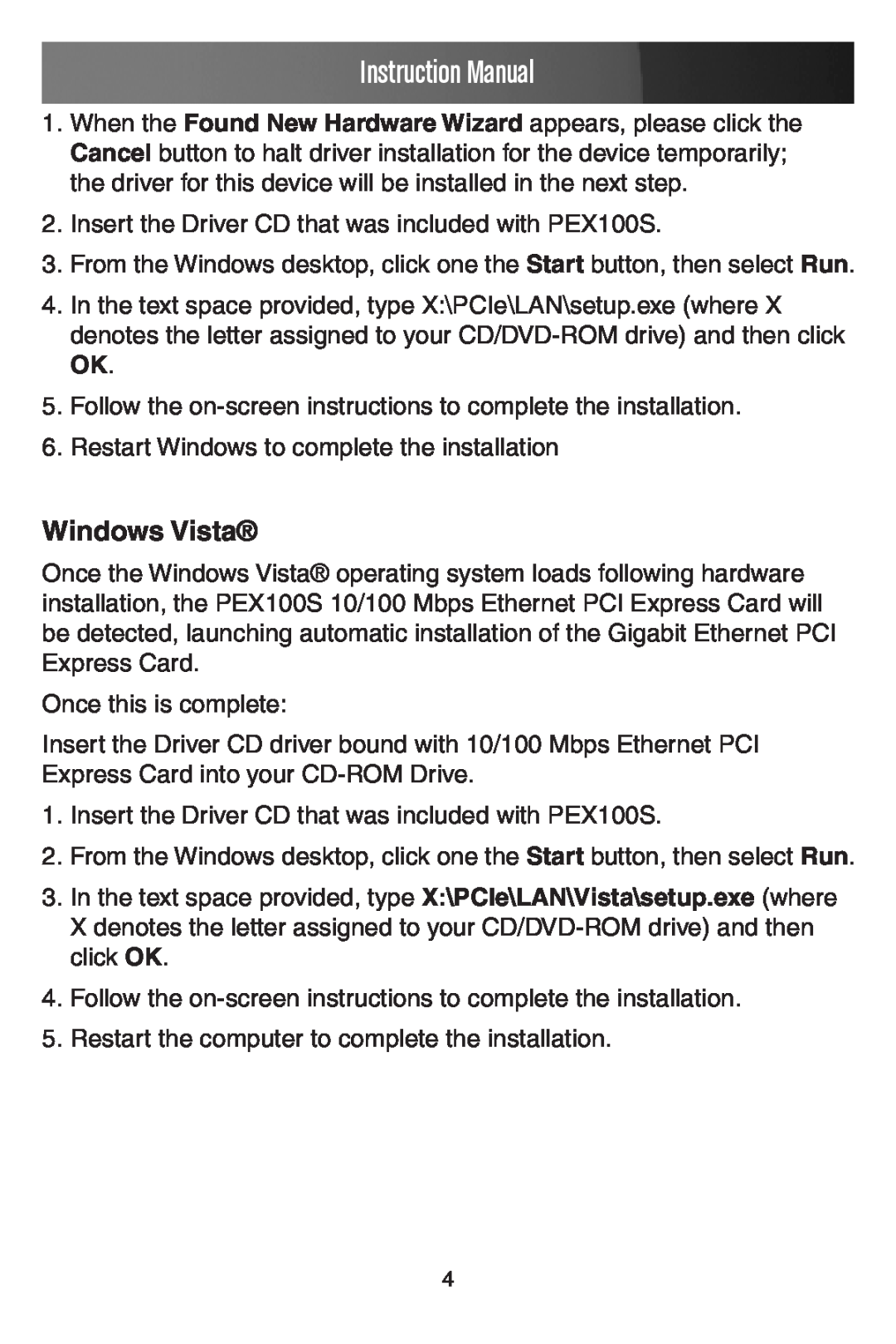 StarTech.com PEX100S manual Windows Vista, Instruction Manual 