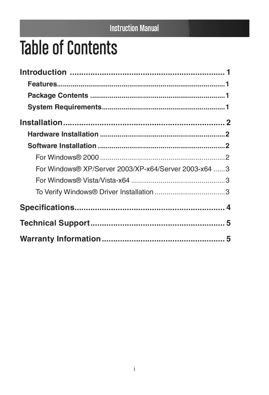 StarTech.com PEX1P instruction manual Table of Contents 