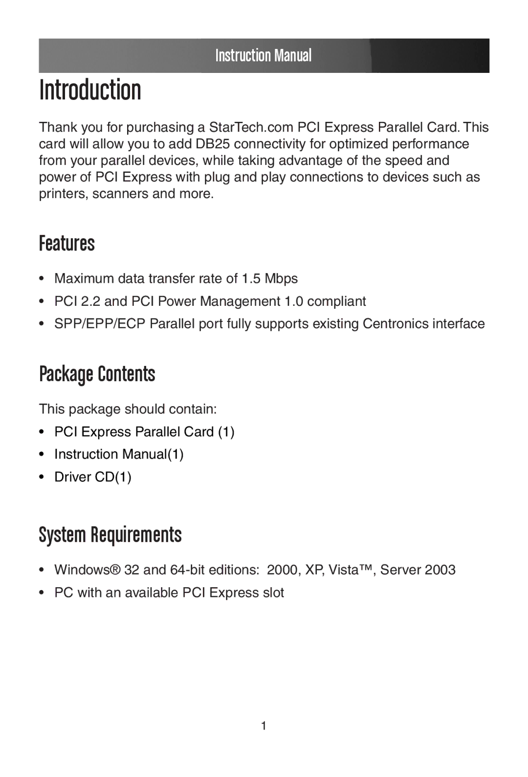 StarTech.com PEX1P instruction manual Introduction 