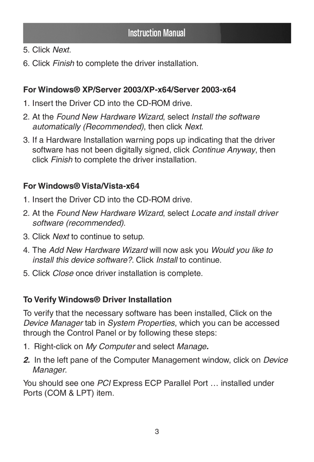 StarTech.com PEX1P instruction manual For Windows XP/Server 2003/XP-x64/Server, For Windows Vista/Vista-x64 