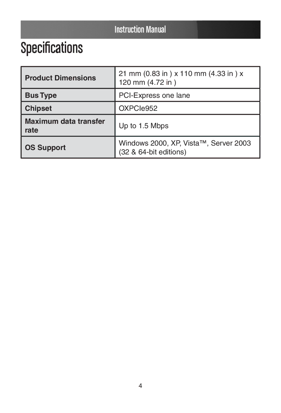 StarTech.com PEX1P instruction manual Product Dimensions, Bus Type, Chipset, Maximum data transfer, Rate, OS Support 