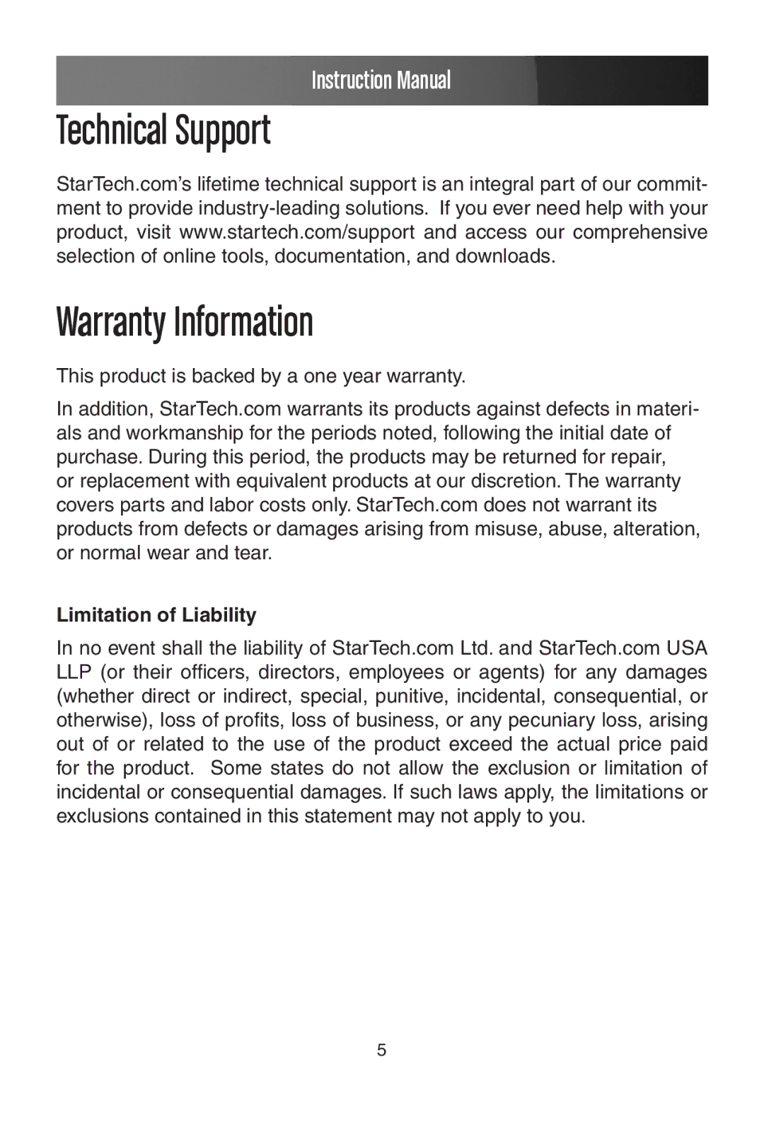 StarTech.com PEX1P instruction manual Limitation of Liability 