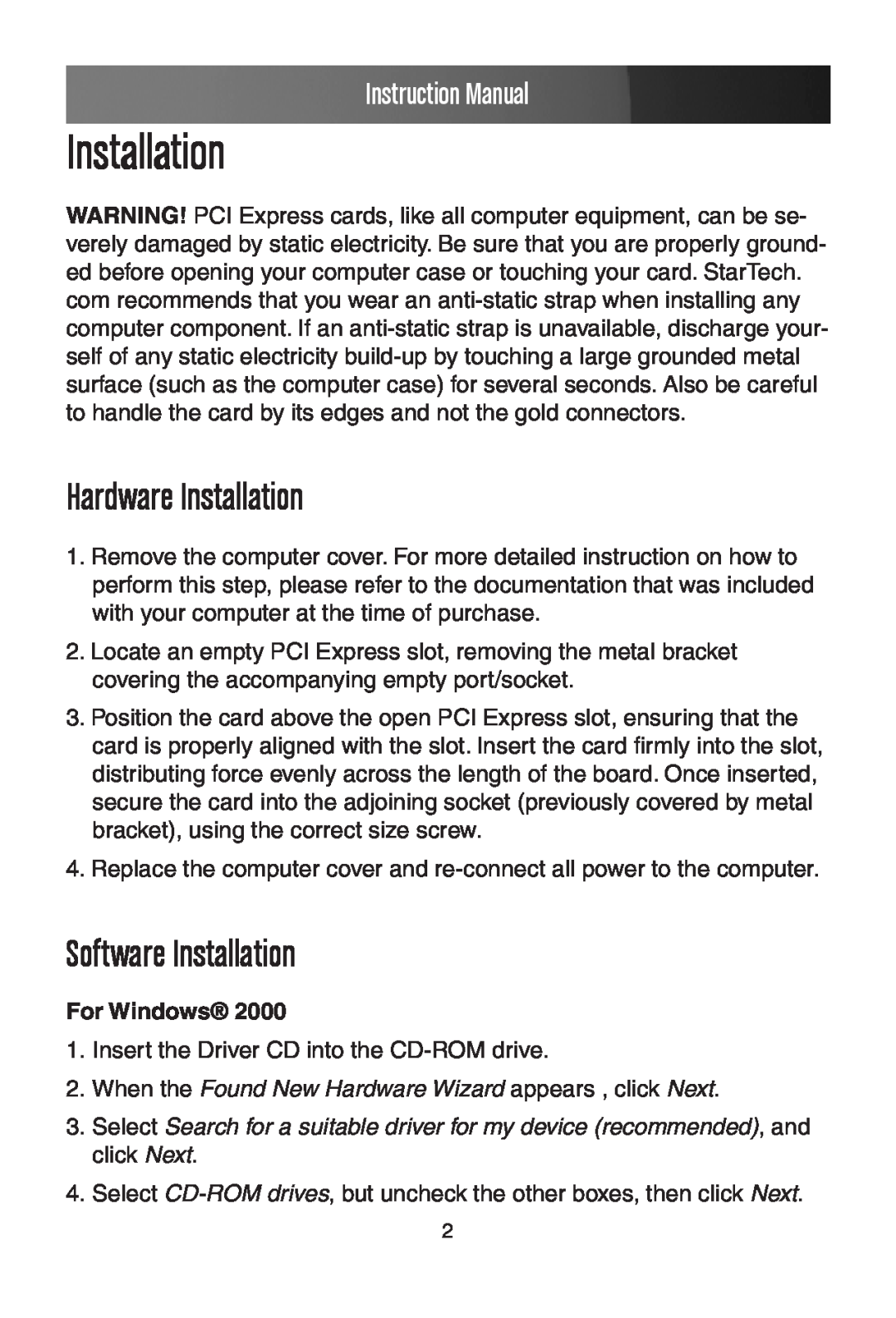 StarTech.com PEX1P instruction manual Hardware Installation, Software Installation, For Windows, Instruction Manual 
