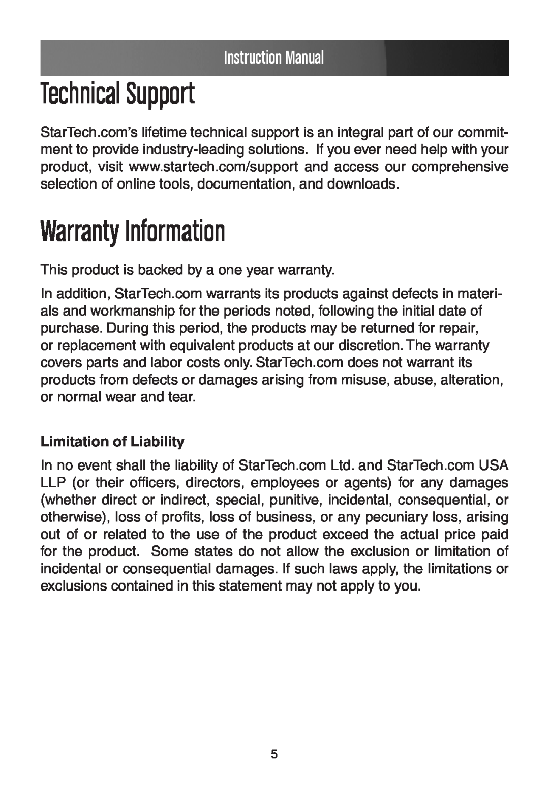 StarTech.com PEX1P instruction manual Technical Support, Warranty Information, Limitation of Liability, Instruction Manual 