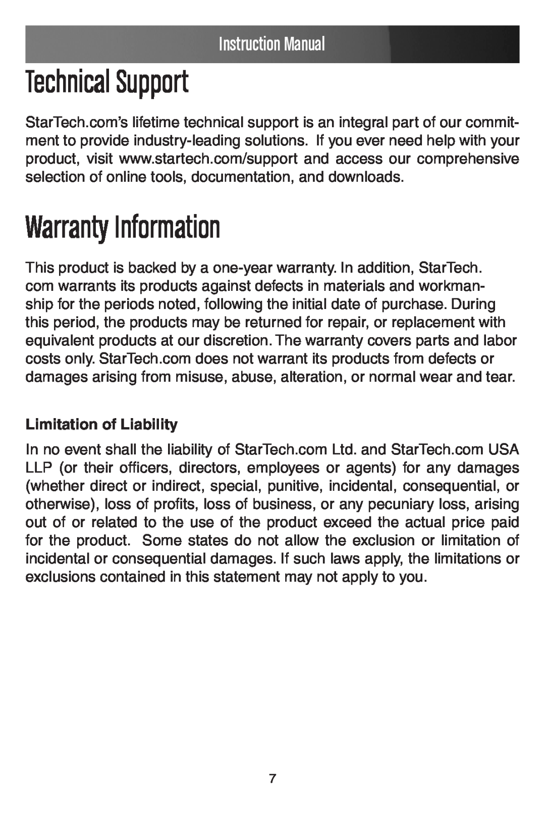 StarTech.com PEX2EC35 manual Technical Support, Warranty Information, Instruction Manual, Limitation of Liability 
