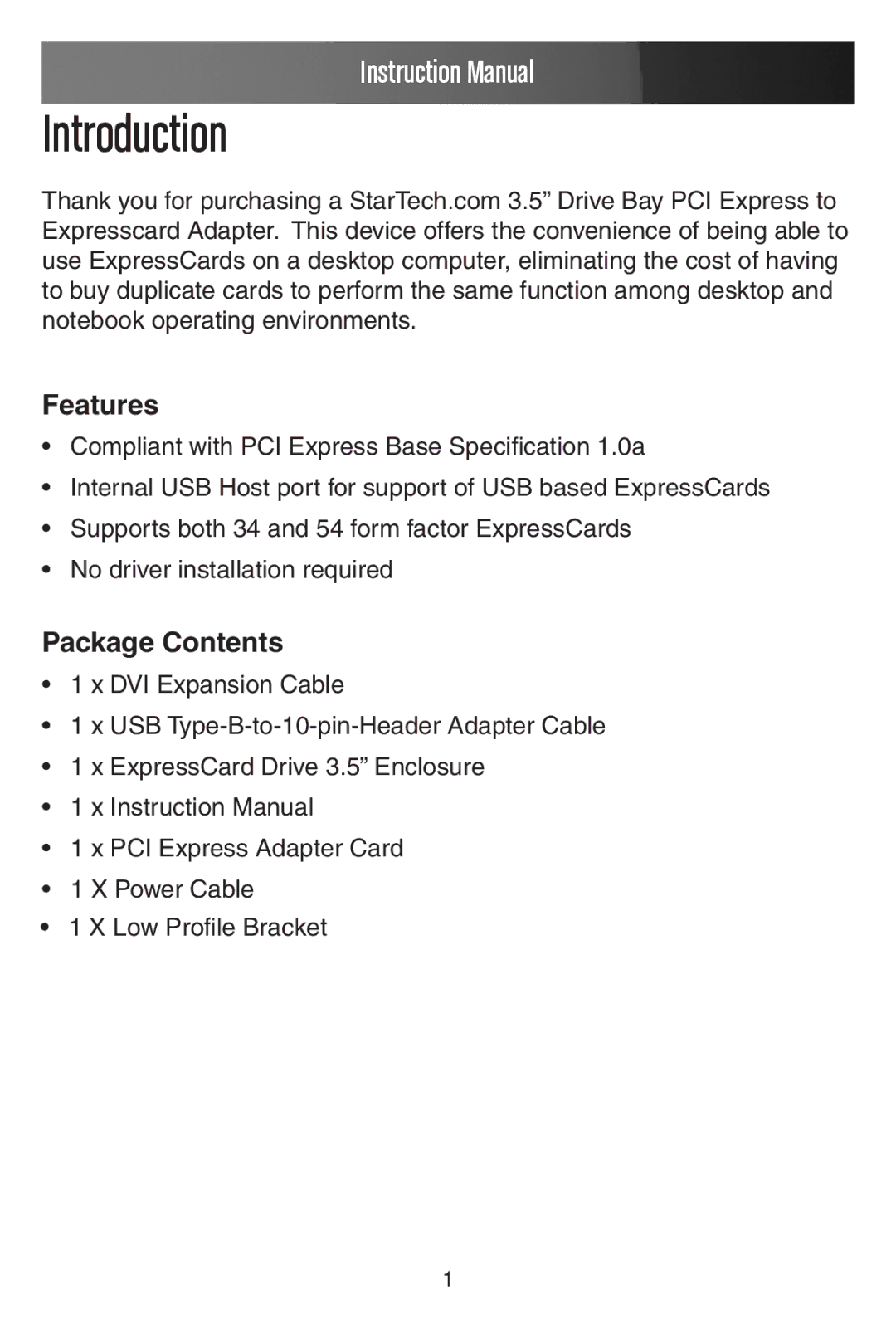 StarTech.com PEX2EC35 manual Introduction, Features, Package Contents 