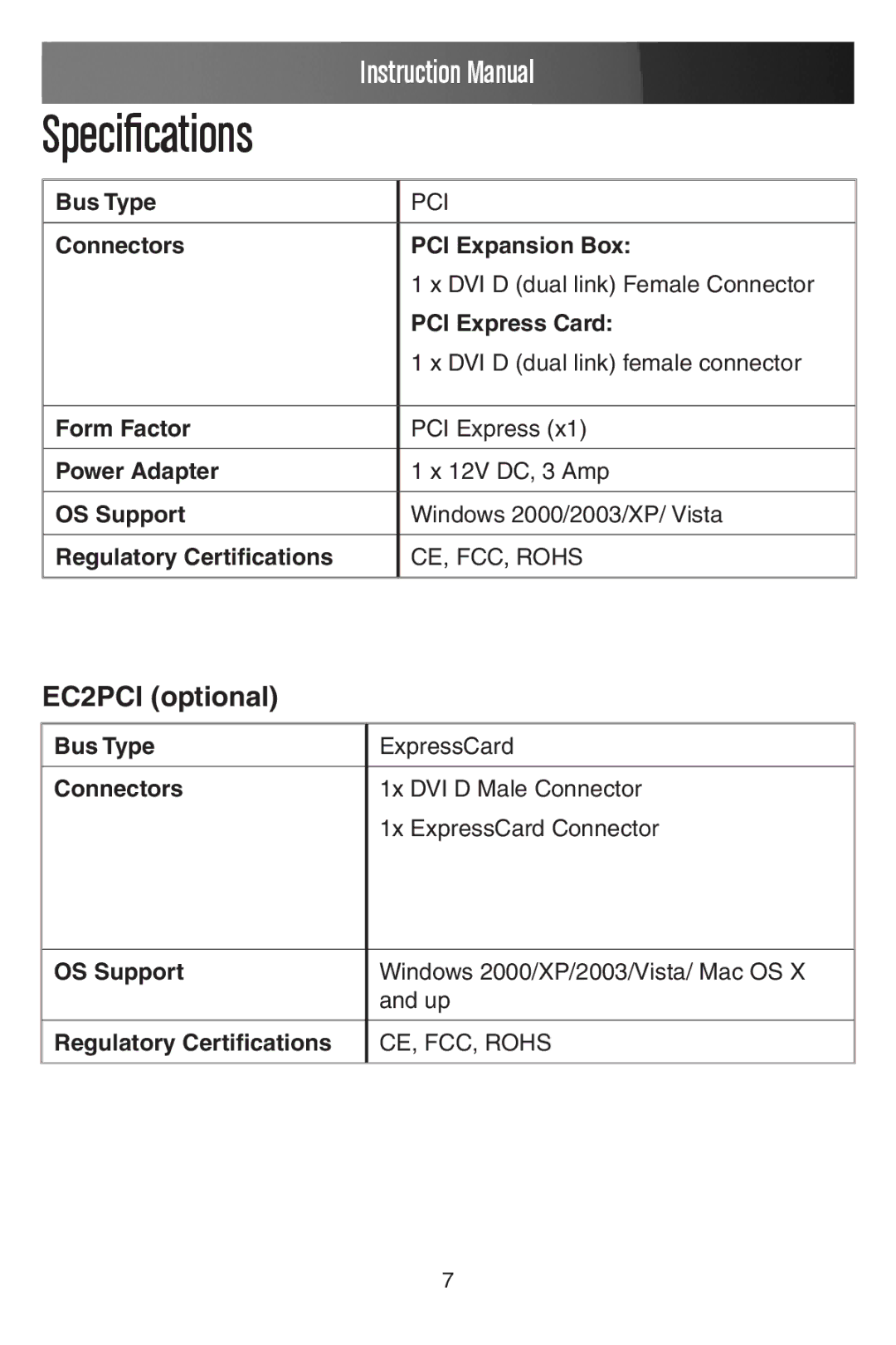 StarTech.com PEX2PCI4 manual Specifications, EC2PCI optional 