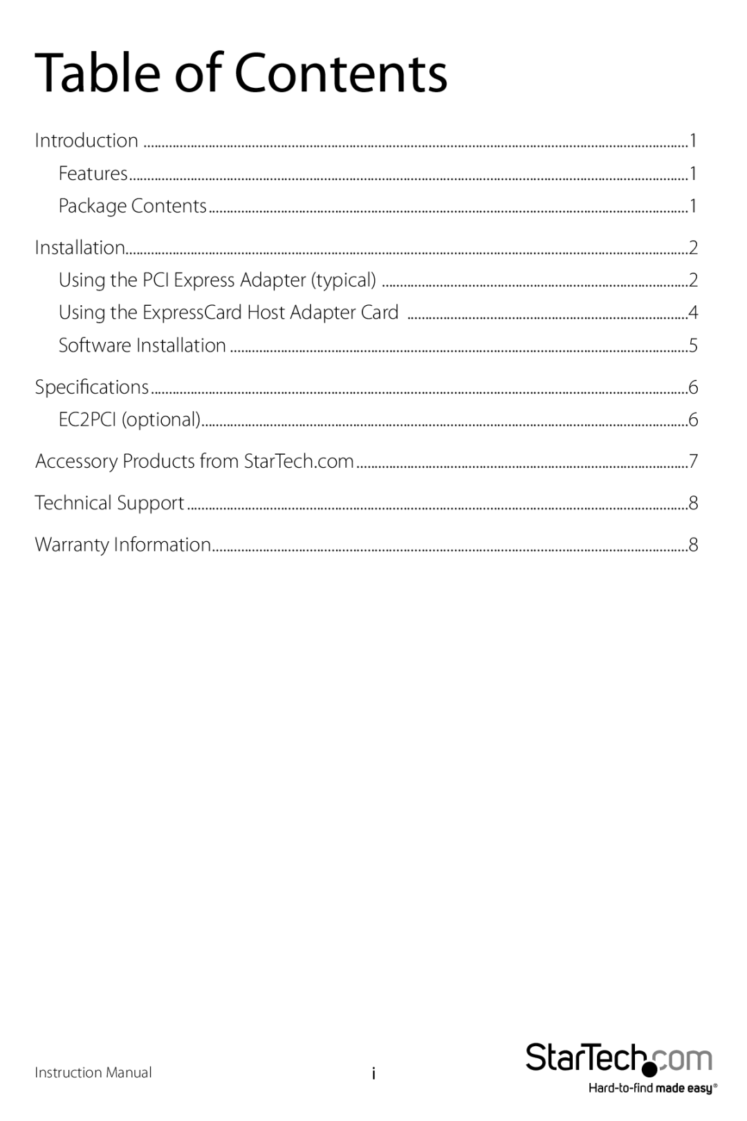 StarTech.com PEX2PCI4 manual Table of Contents 