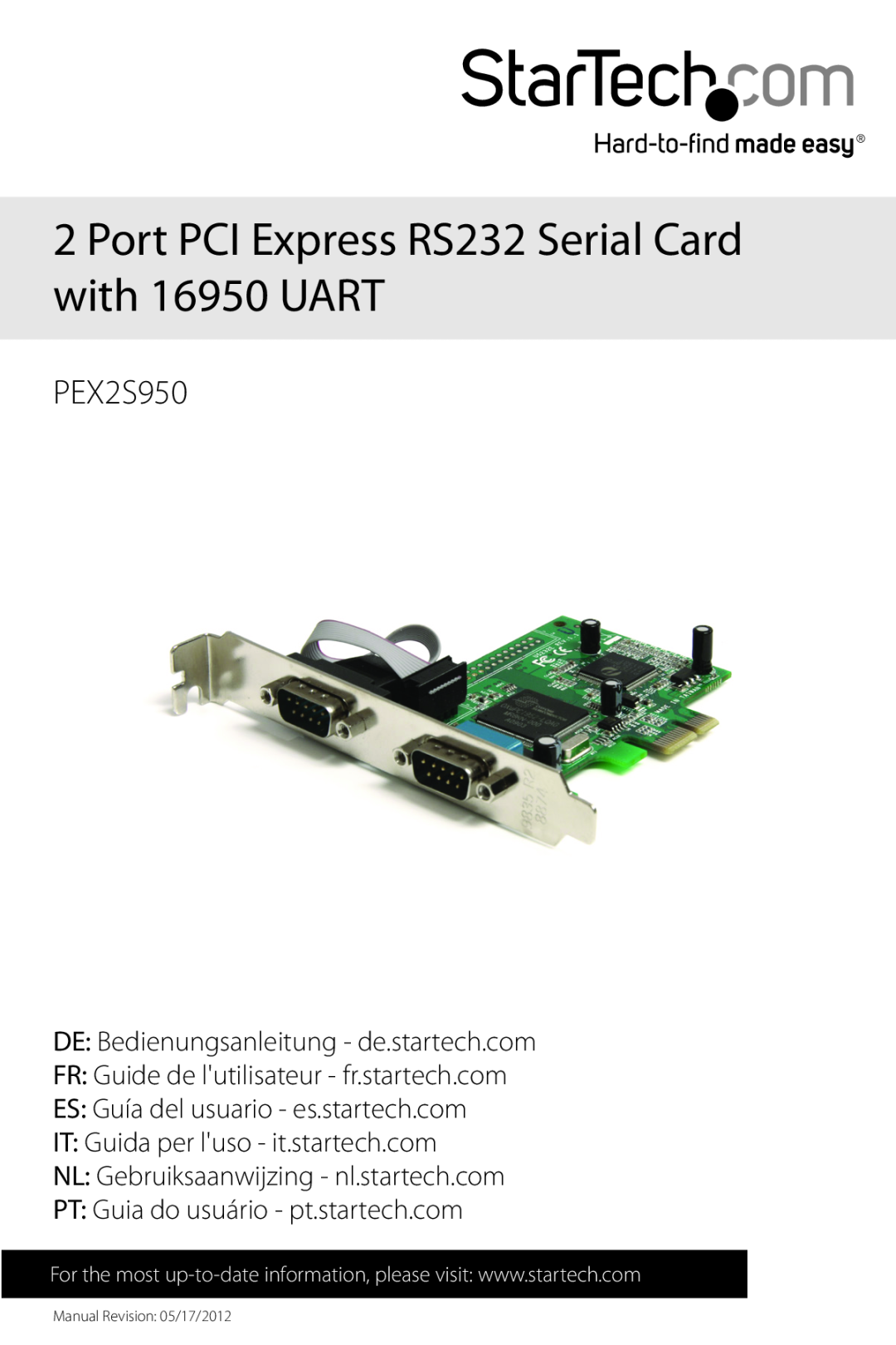 StarTech.com PEX2S950 manual Port PCI Express RS232 Serial Card with 16950 UART, DE Bedienungsanleitung - de.startech.com 