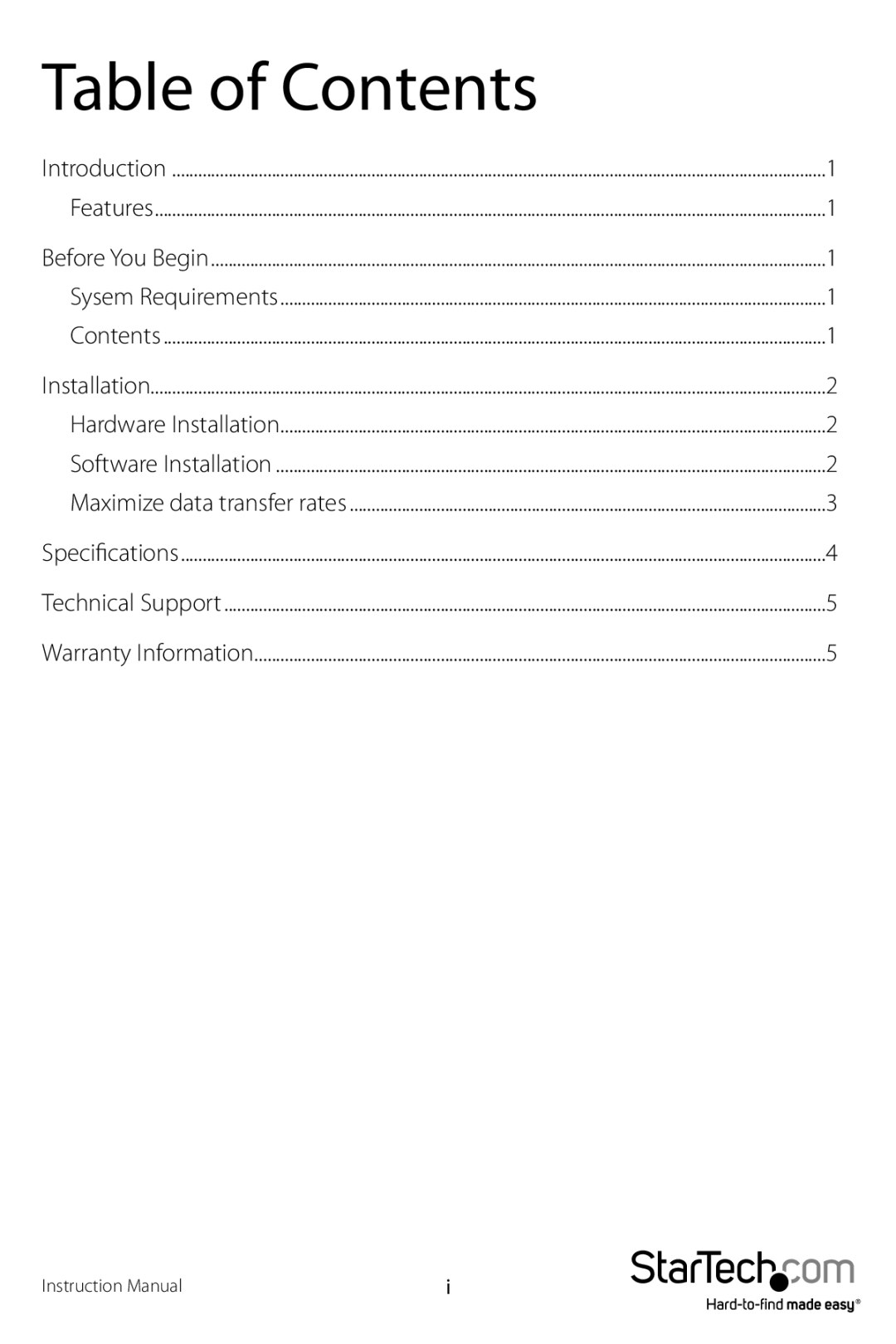 StarTech.com PEX2S950 manual Table of Contents 