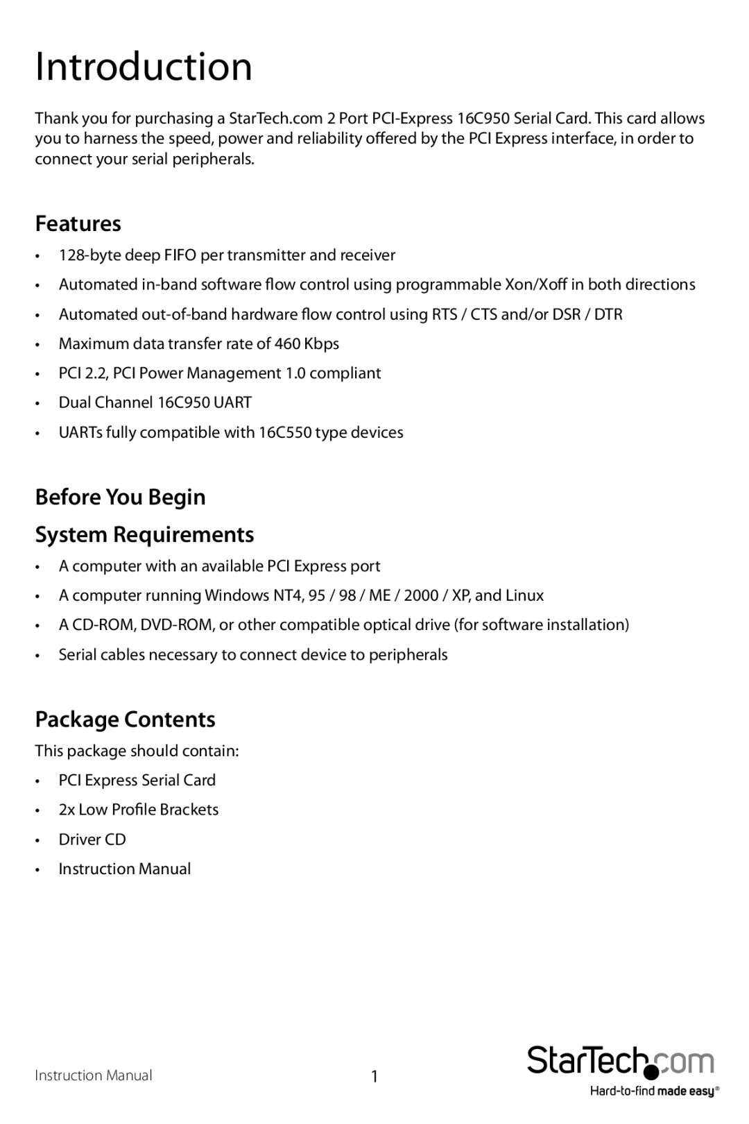 StarTech.com PEX2S950 manual Introduction, Features, Before You Begin System Requirements, Package Contents 