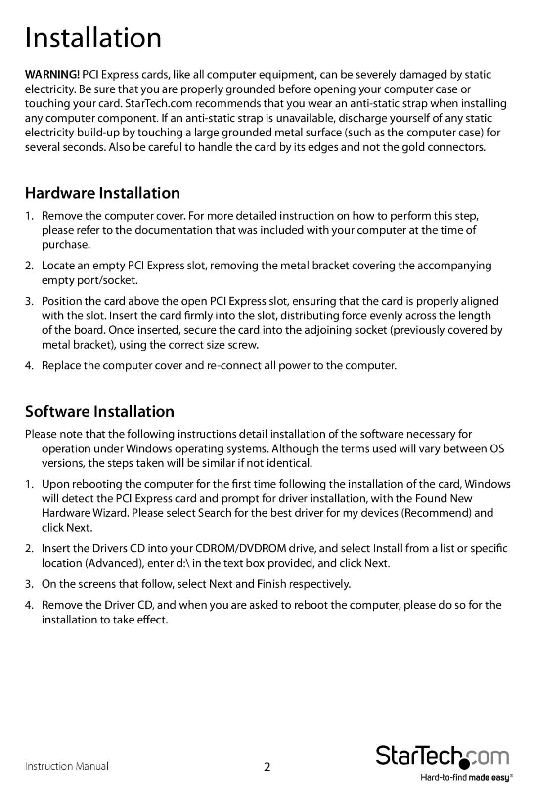 StarTech.com PEX2S950 manual Hardware Installation, Software Installation 