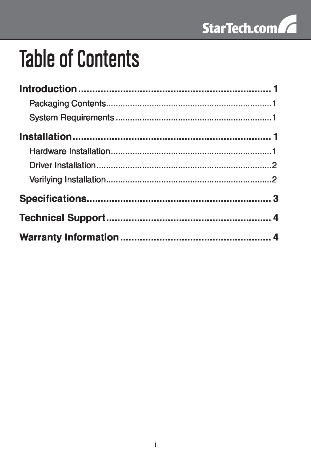 StarTech.com PEX4S952 instruction manual Table of Contents, Introduction, Installation, Specifications, Technical Support 