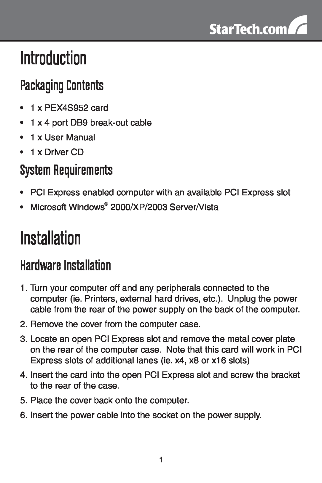 StarTech.com PEX4S952 instruction manual Introduction, Packaging Contents, System Requirements, Hardware Installation 