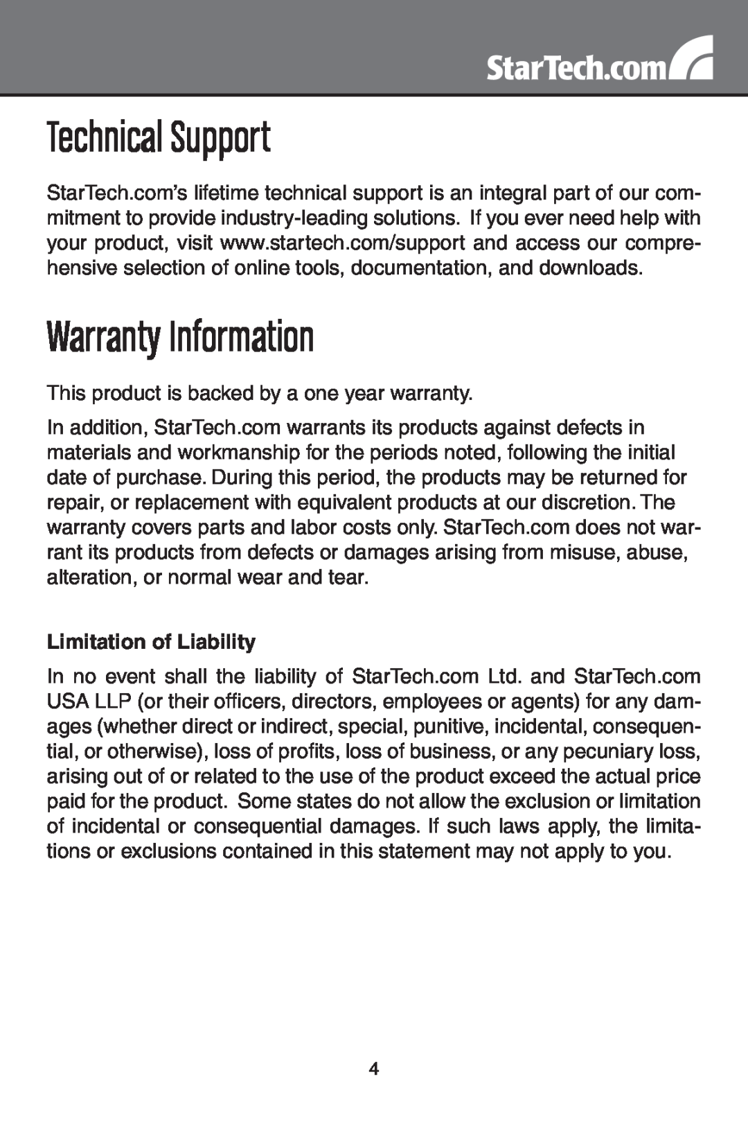 StarTech.com PEX4S952 instruction manual Technical Support, Warranty Information, Limitation of Liability 
