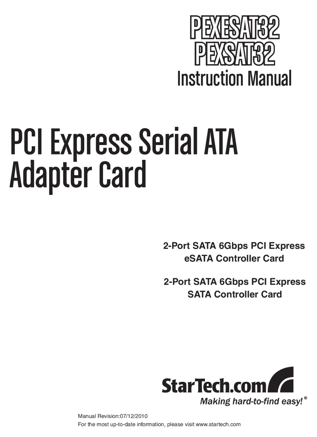 StarTech.com PEXESAT32, PEXSAT32 instruction manual PCI Express Serial ATA Adapter Card 