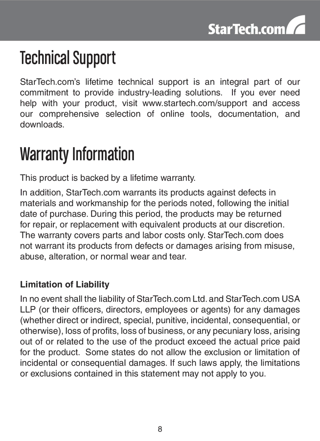 StarTech.com PEXESAT32, PEXSAT32 instruction manual Technical Support Warranty Information, Limitation of Liability 