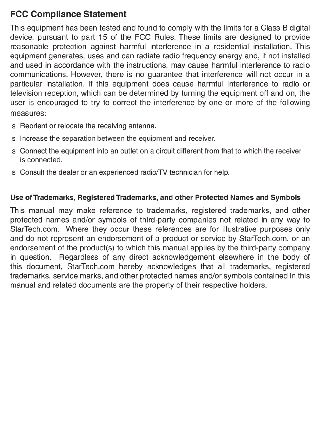 StarTech.com PEXSAT32, PEXESAT32 instruction manual FCC Compliance Statement 