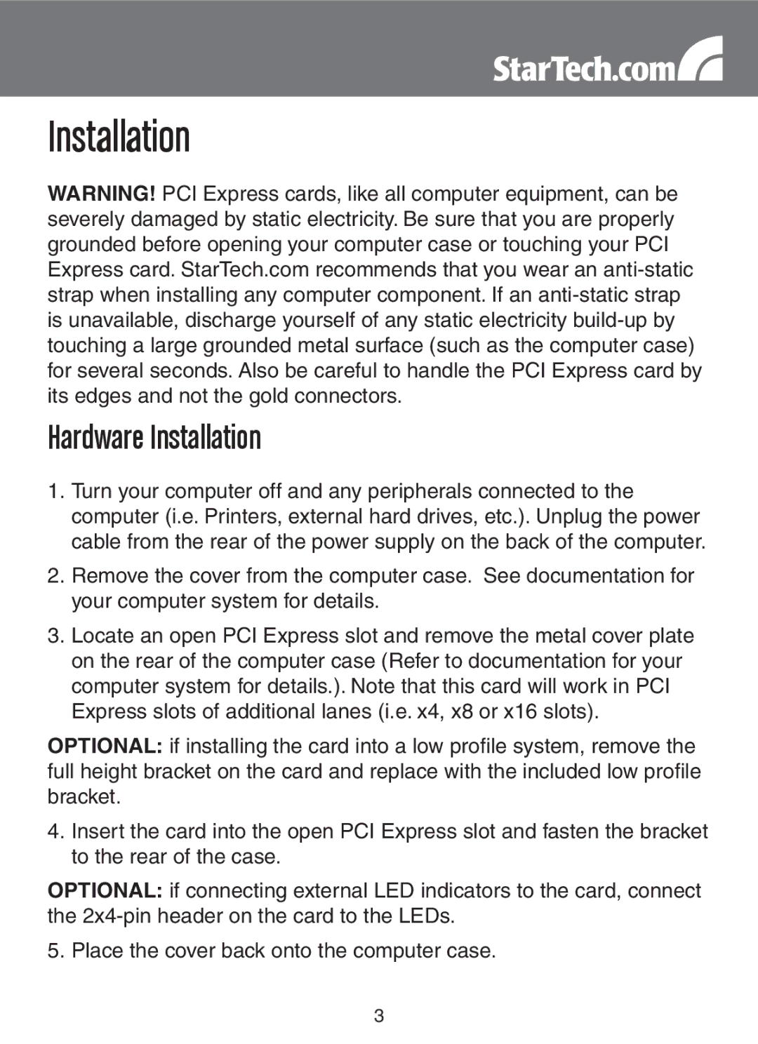 StarTech.com PEXSAT32, PEXESAT32 instruction manual Hardware Installation 