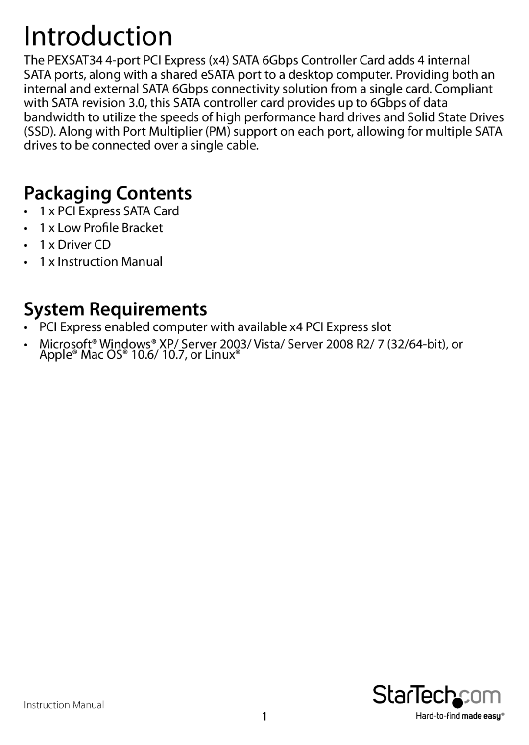 StarTech.com PEXSAT34 manual Introduction, Packaging Contents, System Requirements 