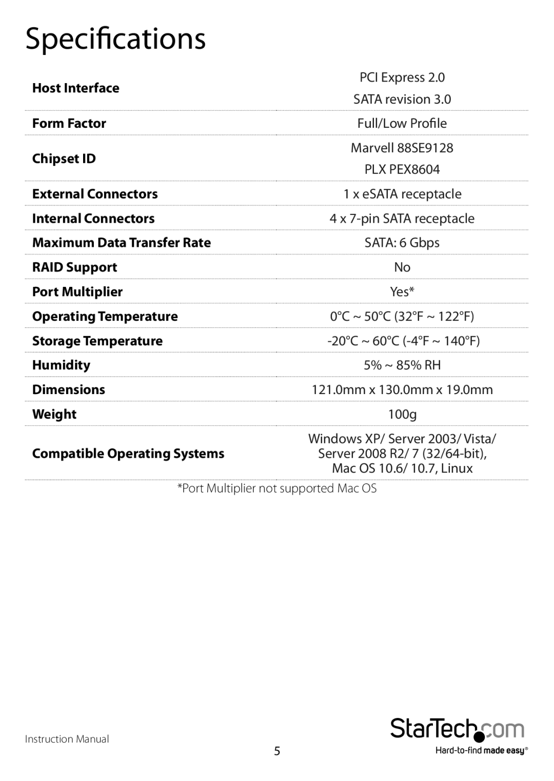 StarTech.com PEXSAT34 manual Specifications 