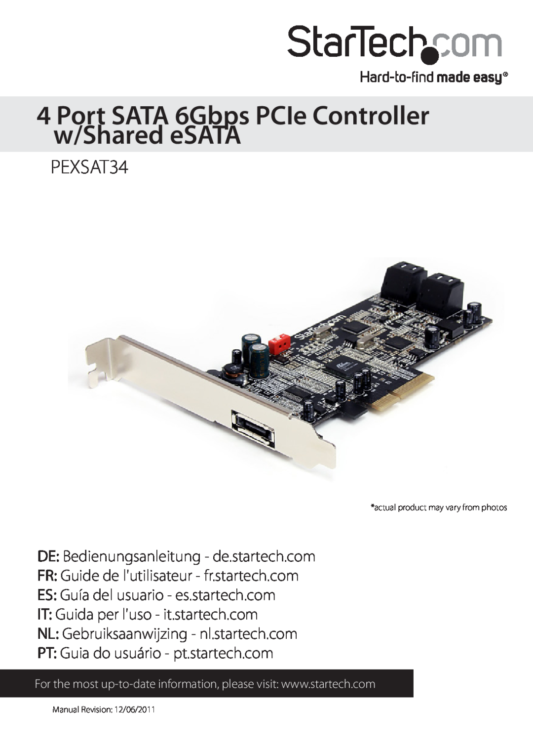 StarTech.com PEXSAT34 manual Port SATA 6Gbps PCIe Controller w/Shared eSATA, DE Bedienungsanleitung - de.startech.com 