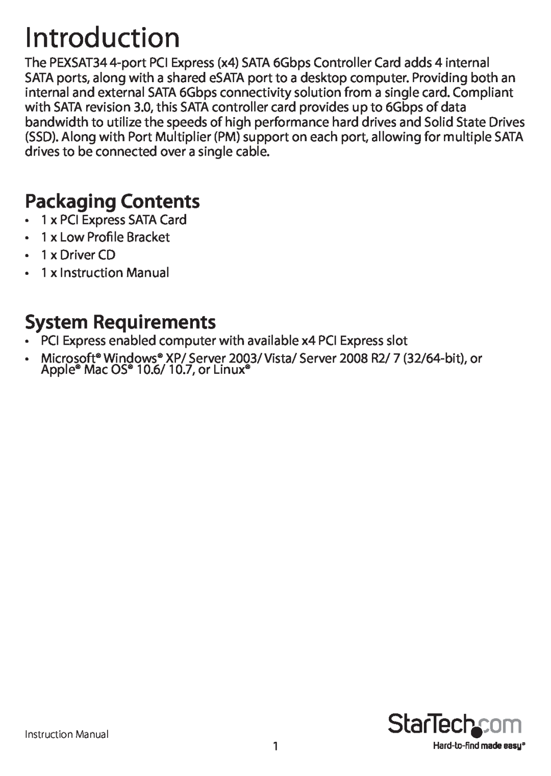 StarTech.com PEXSAT34 manual Introduction, Packaging Contents, System Requirements 