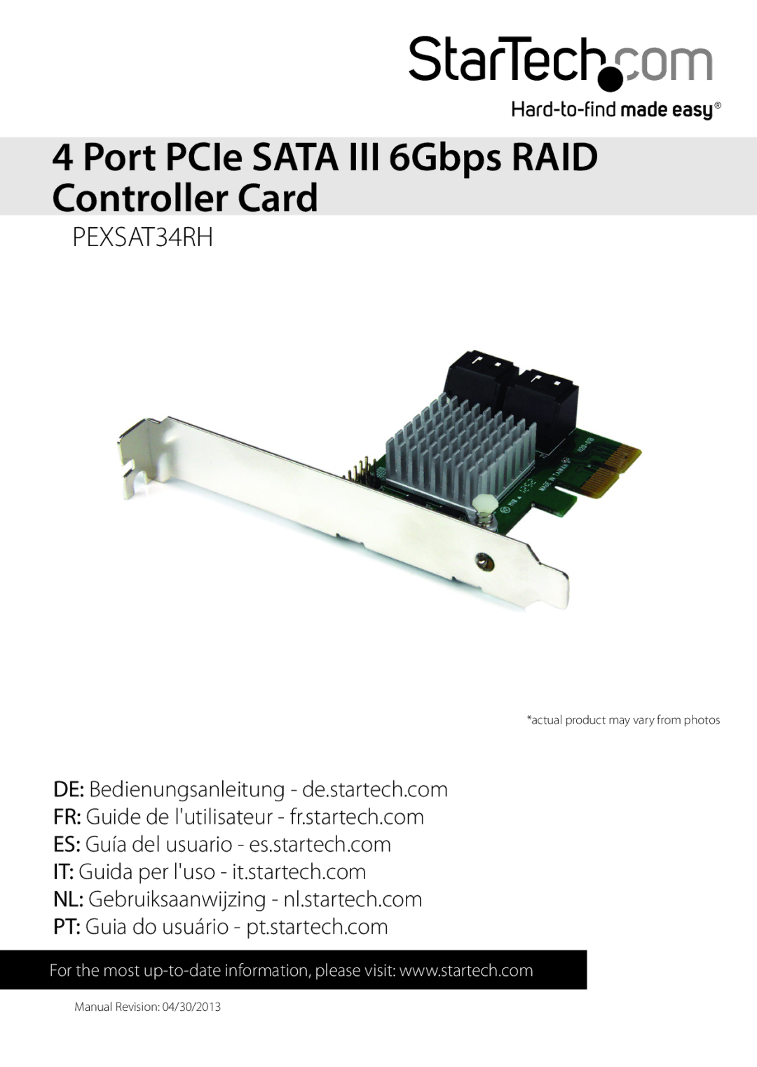 StarTech.com PEXSAT34RH manual Port PCIe Sata III 6Gbps RAID Controller Card 