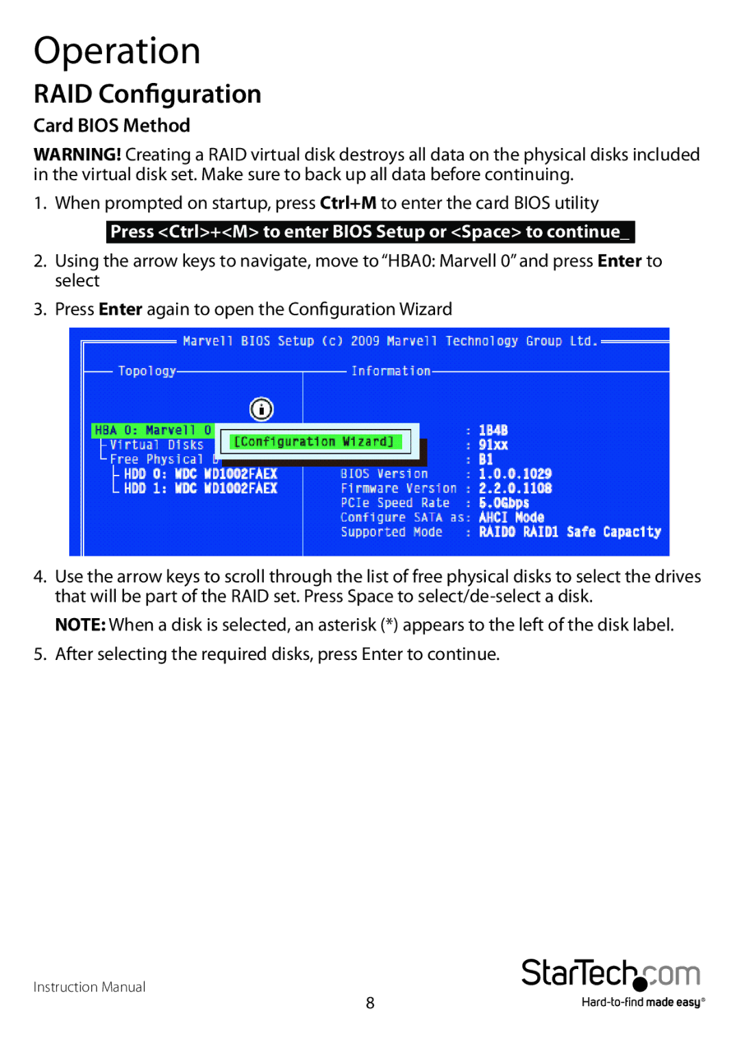 StarTech.com PEXSAT34RH manual Operation, RAID Configuration, Card Bios Method 