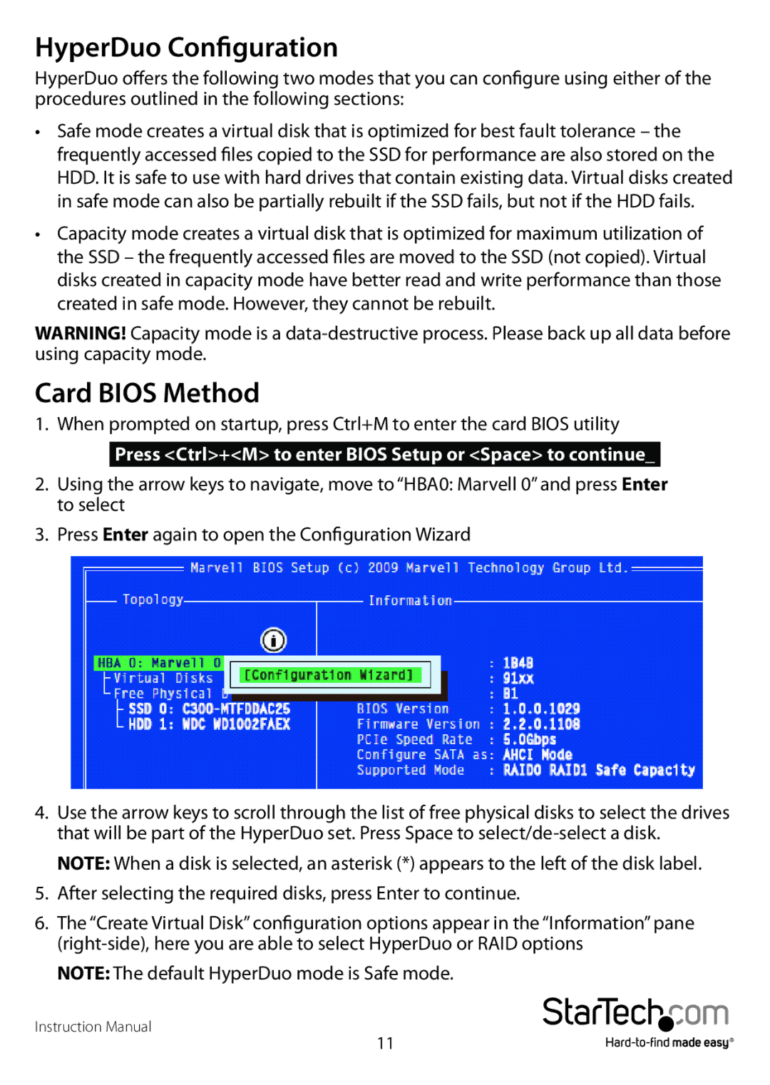 StarTech.com PEXSAT34RH manual HyperDuo Configuration, Card Bios Method 