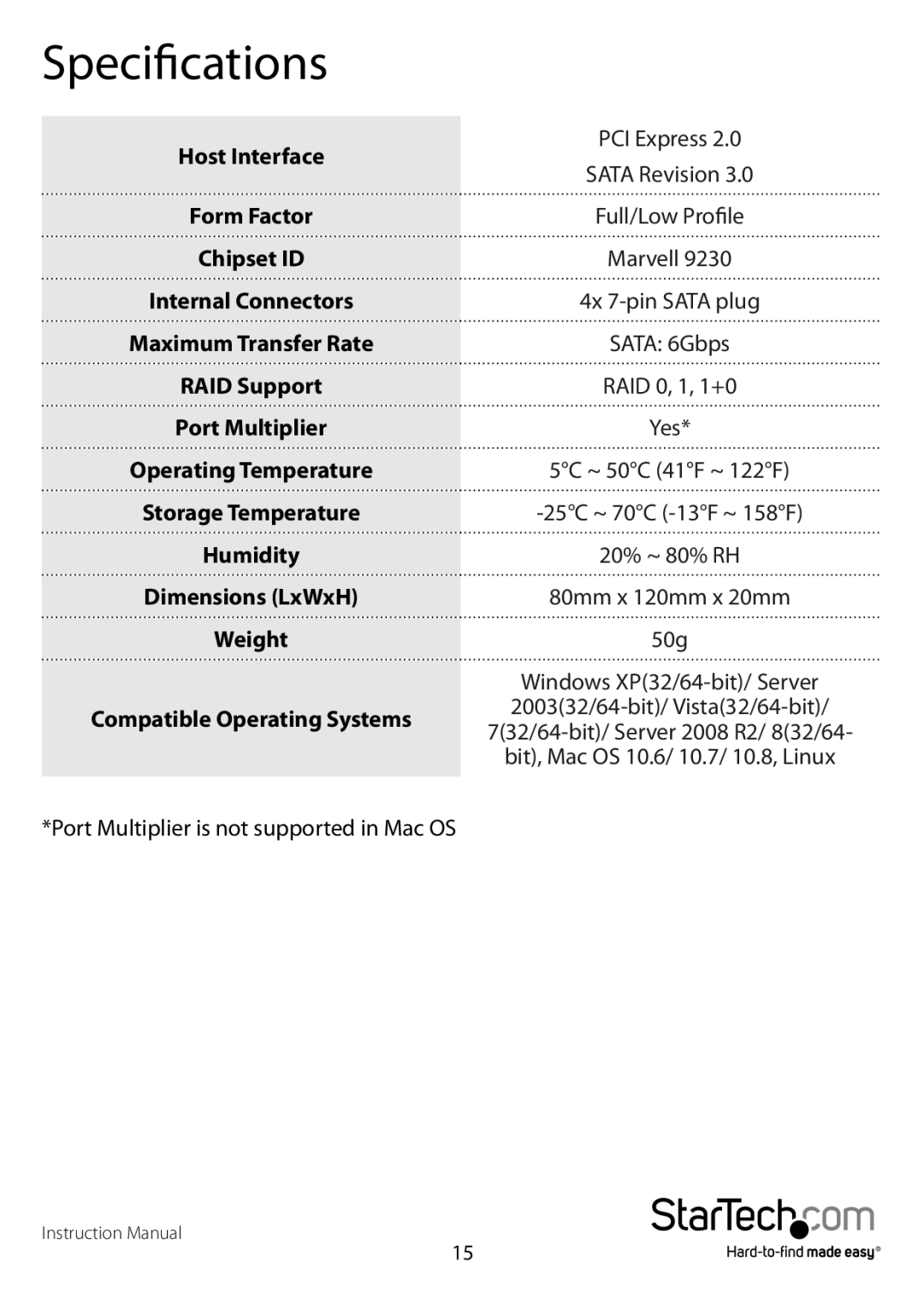 StarTech.com PEXSAT34RH manual Specifications, Compatible Operating Systems 