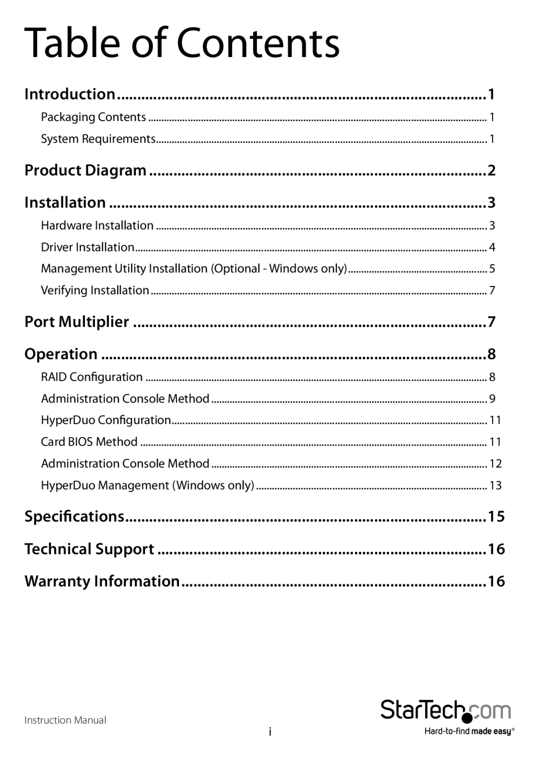 StarTech.com PEXSAT34RH manual Table of Contents 