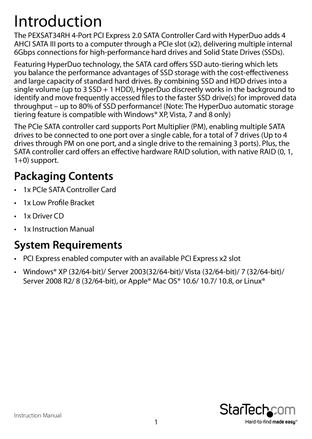 StarTech.com PEXSAT34RH manual Introduction, Packaging Contents, System Requirements 